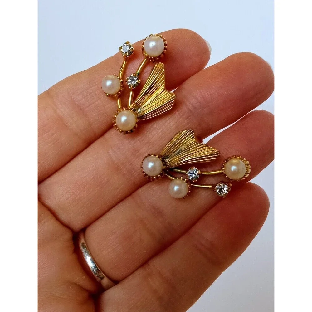 Vintage Art Nouveau Goldtone Rhinestone & Faux Pearl Climber Clip Earrings 1.1" - Picture 2 of 9